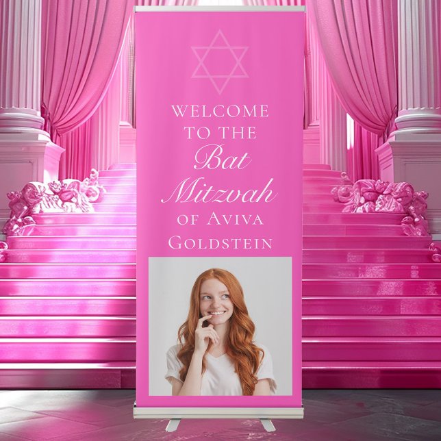 Hot Pink Bat Mitzvah Party Photo Personalised Retractable Banner (Creator Uploaded)