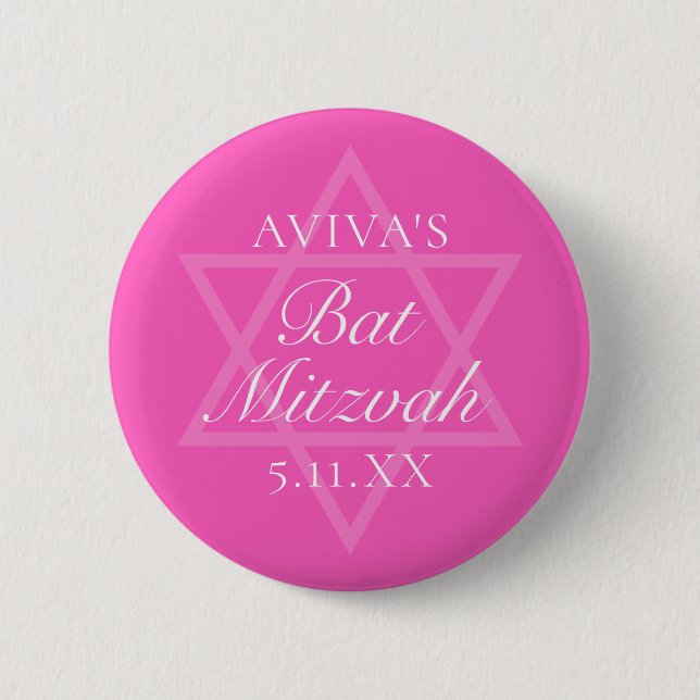 Hot Pink Bat Mitzvah Party Star of David 6 Cm Round Badge (Front)