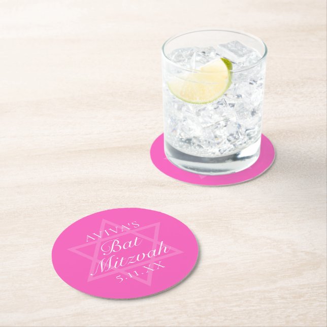 Hot Pink Bat Mitzvah Party Star of David Round Paper Coaster (Insitu)