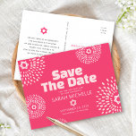 Hot Pink Bat Mitzvah Save the Date Starburst Bold Invitation Postcard<br><div class="desc">Make sure all your friends and relatives will be able to celebrate your daughter’s milestone Bat Mitzvah! Send out this fun, boho retro, personalised “Save the Date” announcement postcard. Retro white and blush pink flower starbursts with Stars of David, as well as bold modern blush pink and white sans serif...</div>