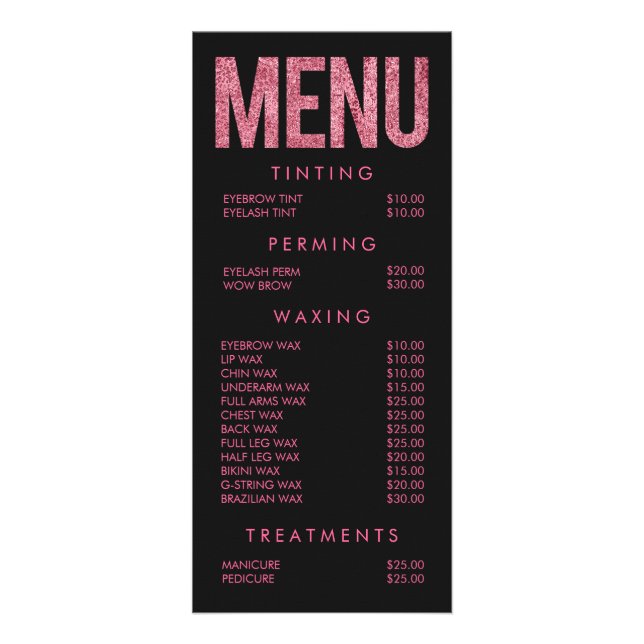 Hot Pink Beauty Salon Beautician Menu Price List (Front)