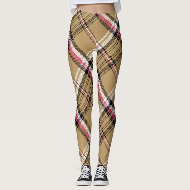 hot pink beige plaid tartan leggings (Front)