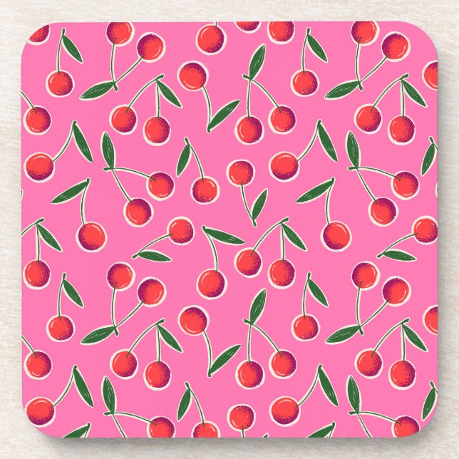 Hot Pink Berry Cherry Birthday plastic coaster (Front)