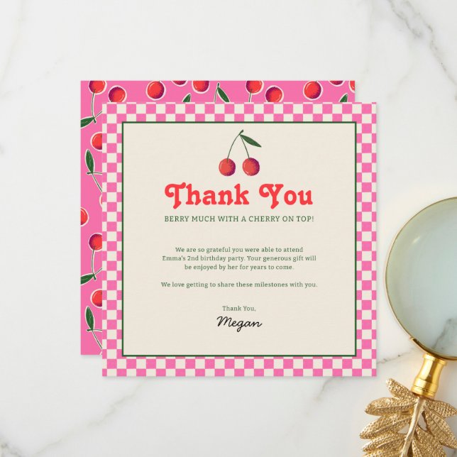 Hot Pink Berry Cherry Retro Birthday Thank You Card (Front/Back In Situ)