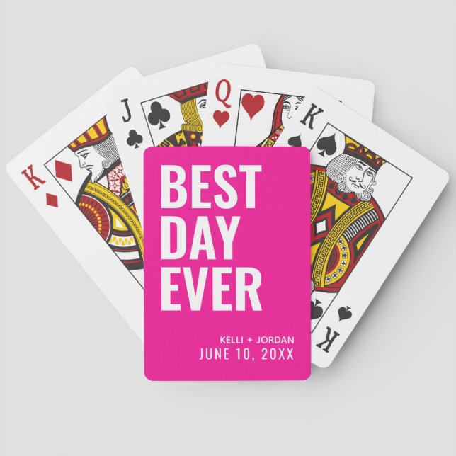 Hot Pink Best Day Ever Wedding Playing Cards (Back)