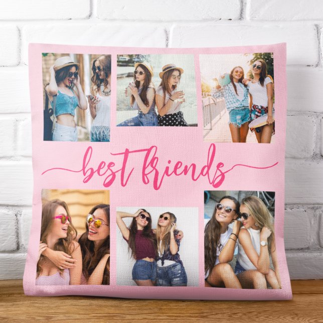 Hot Pink Best Friends 6 Photo Collage Keepsake Cushion (Creator Uploaded)