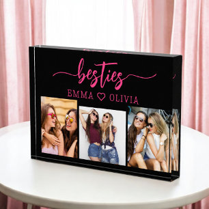 Hot Pink Besties Friends 3 Photo Collage Keepsake Block