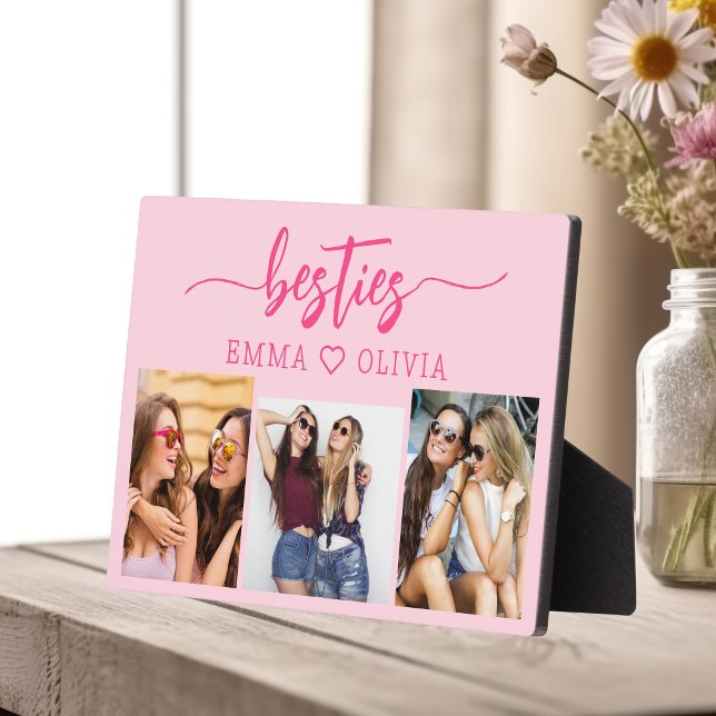 Hot Pink Besties Friends 3 Photo Collage Keepsake Plaque (Creator Uploaded)