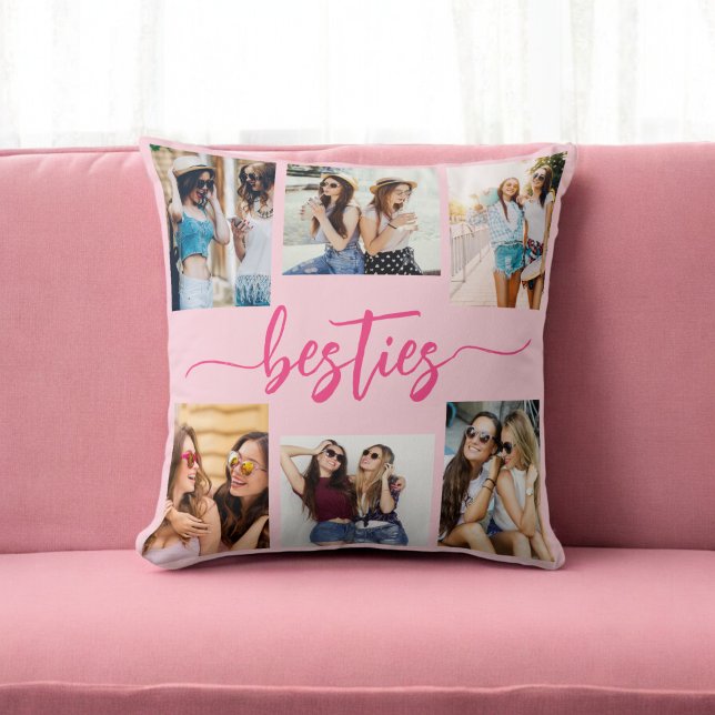 Hot Pink Besties Friends 6 Photo Collage Keepsake Cushion (Creator Uploaded)