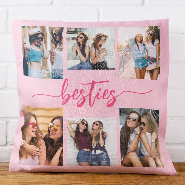 Hot Pink Besties Friends 6 Photo Collage Keepsake Cushion (Creator Uploaded)
