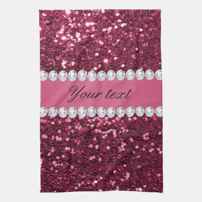 Hot Pink Big Faux Glitter and Diamonds Tea Towel (Vertical)
