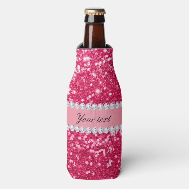 Hot Pink Big Faux Glitter with Diamonds Bottle Cooler (Bottle Front)