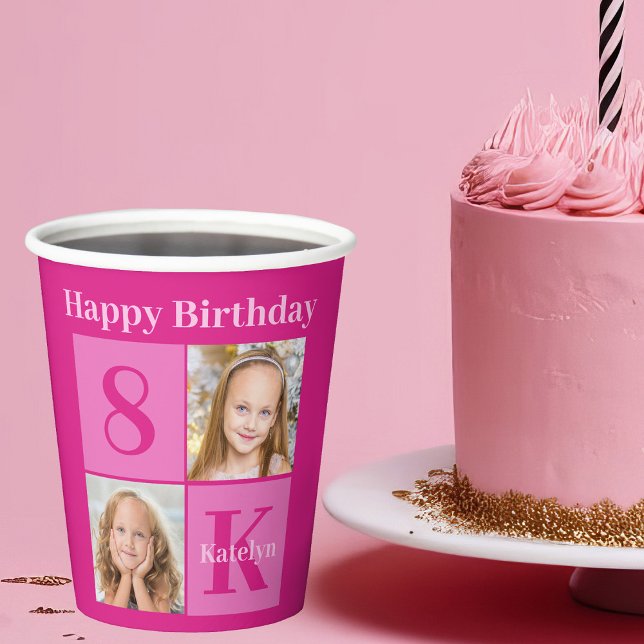 Hot Pink Birthday Girl Cute Custom Photo Party Paper Cups (Creator Uploaded)