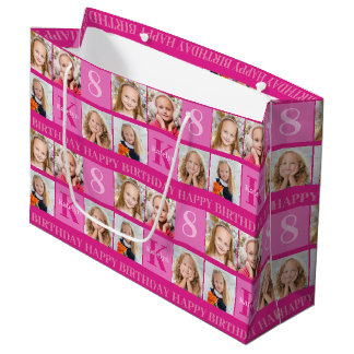 Hot Pink Birthday Girl Photo Collage Personalised Large Gift Bag