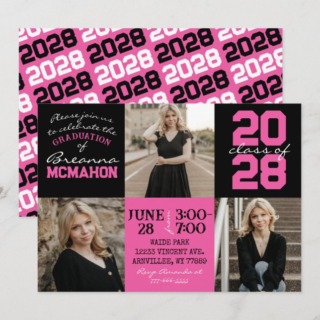 Hot Pink & Black 3 Photo Graduation Invitation (Front/Back)