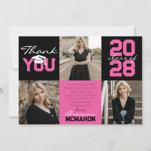 Hot Pink & Black 3 Photo Graduation Thank You Invitation