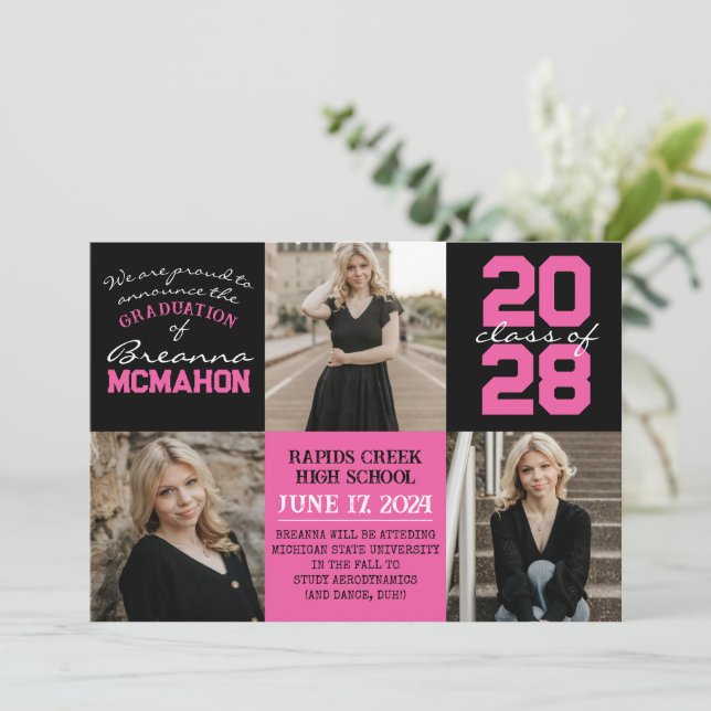 Hot Pink & Black 4 Photo Graduation Announcement (Standing Front)
