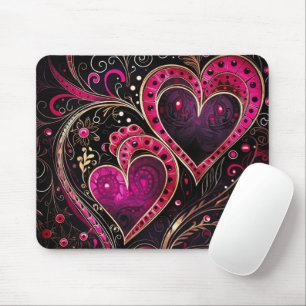 HOT PINK & BLACK ABSTRACT VALENTINES DAY HEARTS MOUSE MAT
