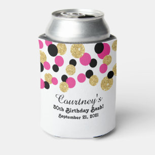 Hot Pink, Black and Gold Glitter Confetti   30th Can Cooler
