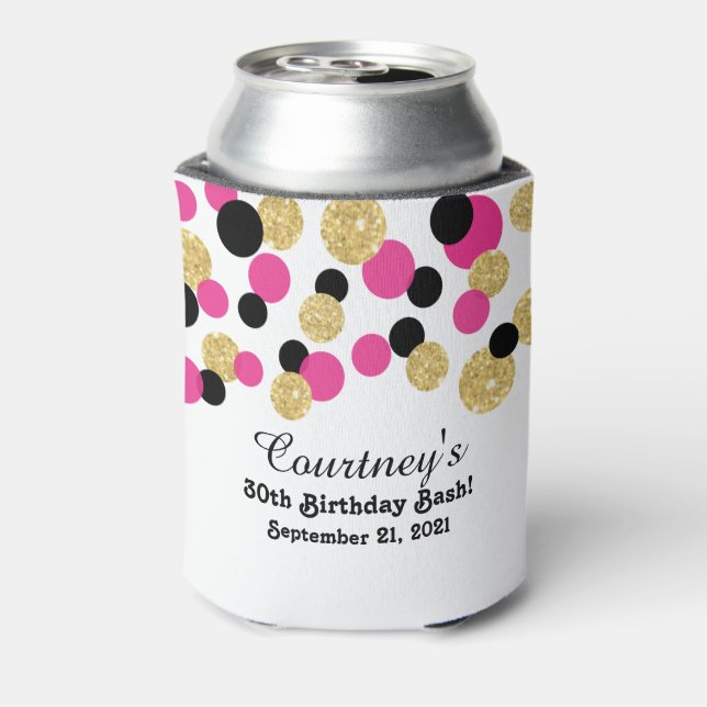 Hot Pink, Black and Gold Glitter Confetti | 30th Can Cooler (Can Back)