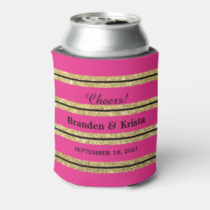 Hot Pink, Black and Gold Glitter Stripes   Wedding Can Cooler