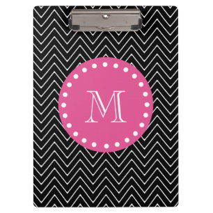 Hot Pink, Black and White Chevron Your Monogram Clipboard
