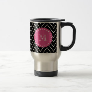 Hot Pink, Black and White Chevron   Your Monogram Travel Mug