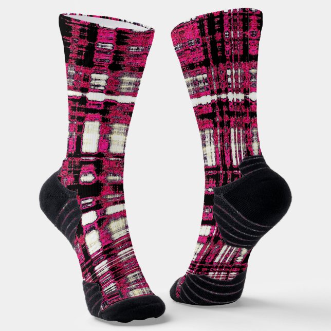 Hot pink, black and white contemporary plaid socks (Angled)