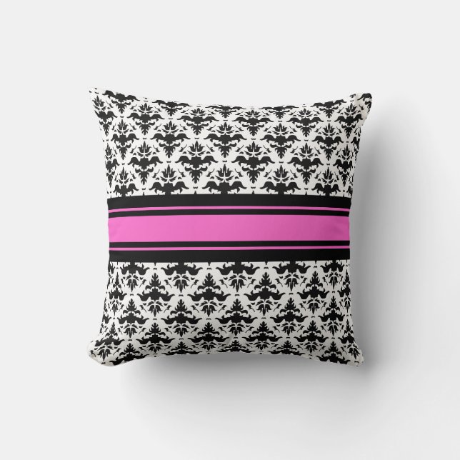 Hot Pink, Black and White French Damask Cushion (Front)