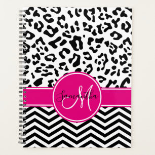 Hot Pink Black and White Leopard Chevron Monogram Planner