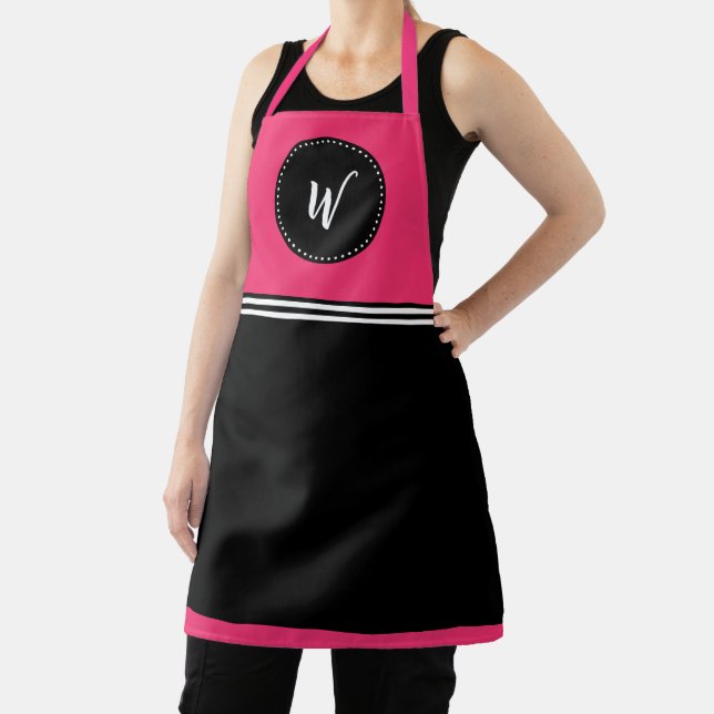 Hot pink, black and white monogram apron (Insitu)