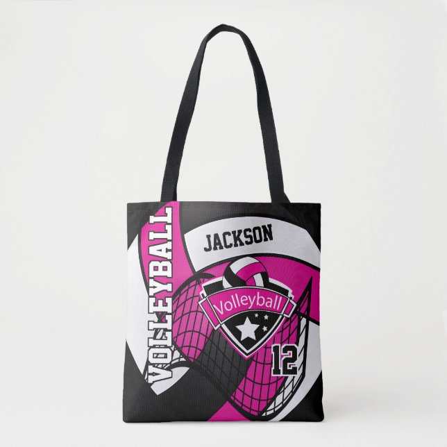 Hot Pink, Black and White Volleyball Tote Bag (Front)