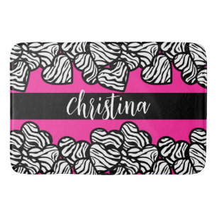 Hot pink black and white zebra pattern heart name  bath mat