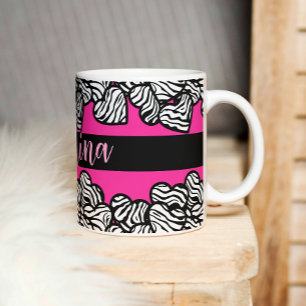 Hot pink black and white zebra pattern heart name  coffee mug