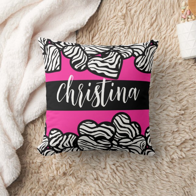 Hot pink black and white zebra pattern heart name  cushion (Blanket)