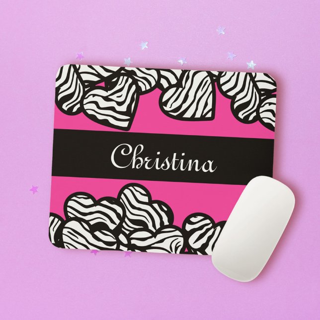Hot pink black and white zebra pattern heart name  mouse mat (Creator Uploaded)