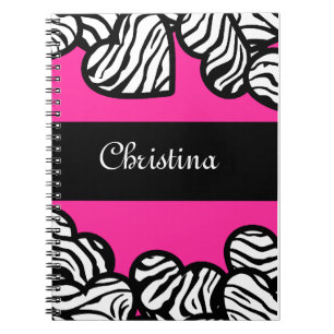 Hot pink black and white zebra pattern heart name notebook
