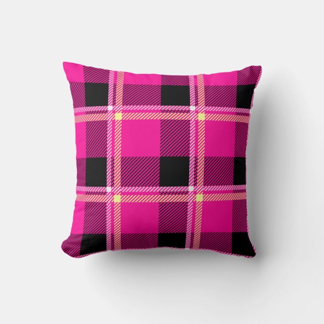 Hot Pink, Black and Yellow Plaid Cushion (Front)