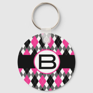 Hot Pink & Black Argyle Monogram Keychain "B"