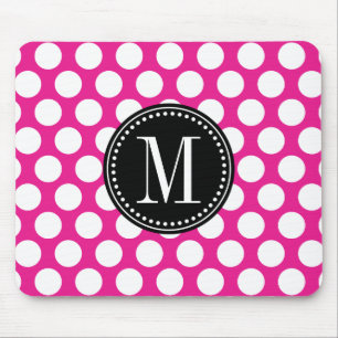 Hot Pink & Black Big Polka Dots Monogrammed Mouse Mat