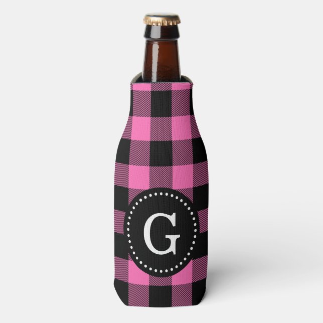 Hot Pink Black Buffalo Check Plaid 1I Monogram Bottle Cooler (Bottle Front)