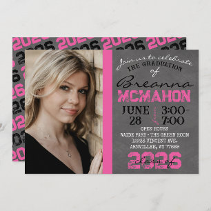 Hot Pink & Black Chalkboard Graduation Invitation