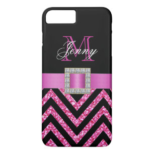 HOT PINK BLACK CHEVRON GLITTER GIRLY iPhone 8 PLUS/7 PLUS CASE