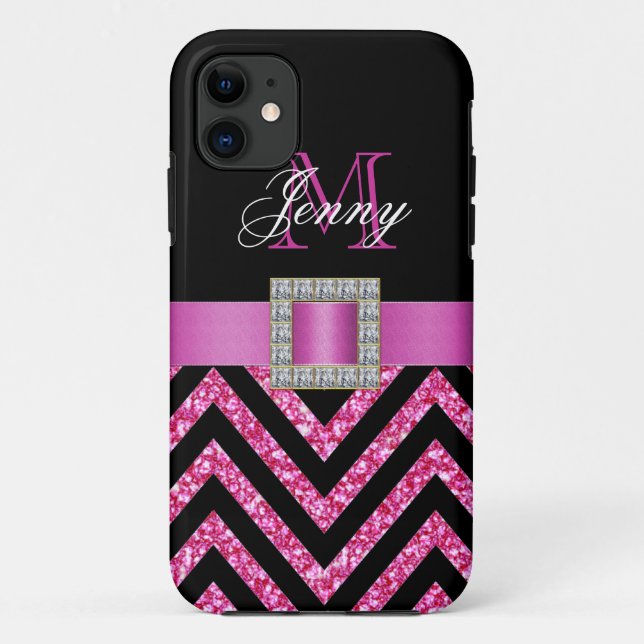 HOT PINK BLACK CHEVRON GLITTER GIRLY Case-Mate iPhone CASE (Back)