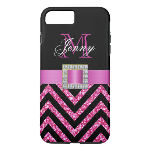 HOT PINK BLACK CHEVRON GLITTER GIRLY iPhone 8 PLUS/7 PLUS CASE