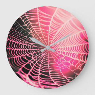 Hot Pink Black Creepy Spooky Spider Web Large Clock