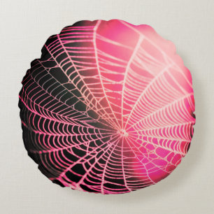Hot Pink Black Creepy Spooky Spider Web Round Cushion