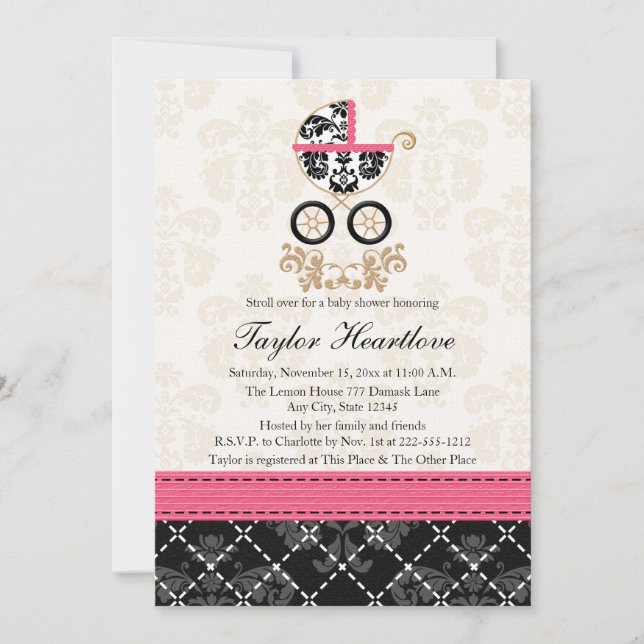 HOT PINK BLACK DAMASK BABY CARRIAGE BABY SHOWER INVITATION (Front)
