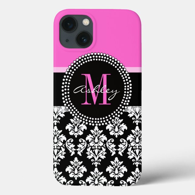 Hot Pink Black Damask Monogrammed Case-Mate iPhone Case (Back)