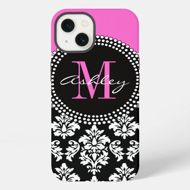 Hot Pink Black Damask Monogrammed iPhone Case (Back)
